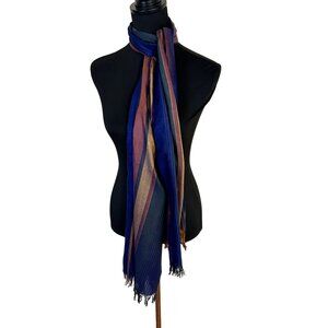 Multicolor Striped Scarf With Fringe Cotton Lightweight Earth Tones Navy Blue